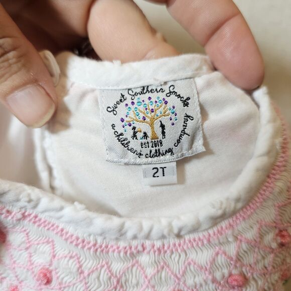 Sweet Southern Smock White Swiss Dot Pink Rose Smocking Ruffle Sleeve Girl 2T - Picture 6 of 9